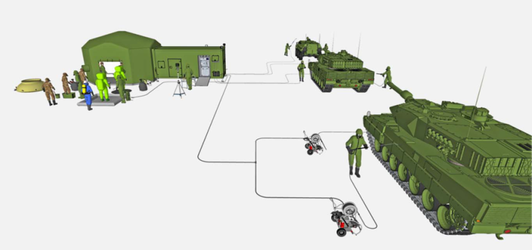 Illustrasjon som viser telt med saneringsutstyr og slanger som går ut til tanks