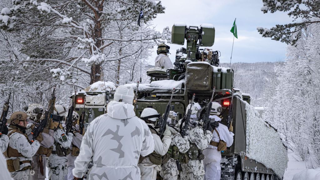 Her trener soldater fra Sverige, Finland og Tyskland sammen med norske hærsoldater fra Brigade Nord. Foto: Forsvaret